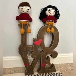 Handmade Crochet Characters on LOVE Wood Decor | Commander Fans | Gold, Maroon